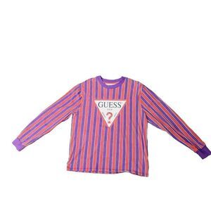 Y2K Guess Retro Red Purple Striped Classic Logo Long Sleeve T-shirt
